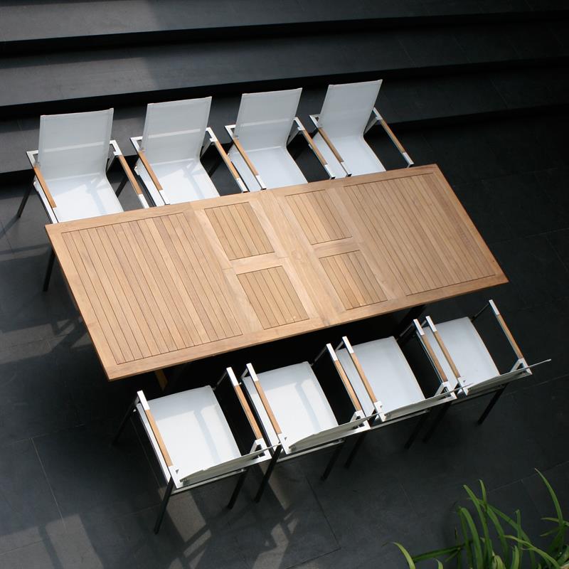 Alzette extendable table set 280 consisting of Moselle extendable table 280/235/190 x 100 teak with stainless steel frame and Alzette stacking chairs teak with Batyline covering