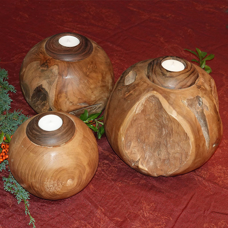 Teak wood ball with candle small - approx. 15 cm