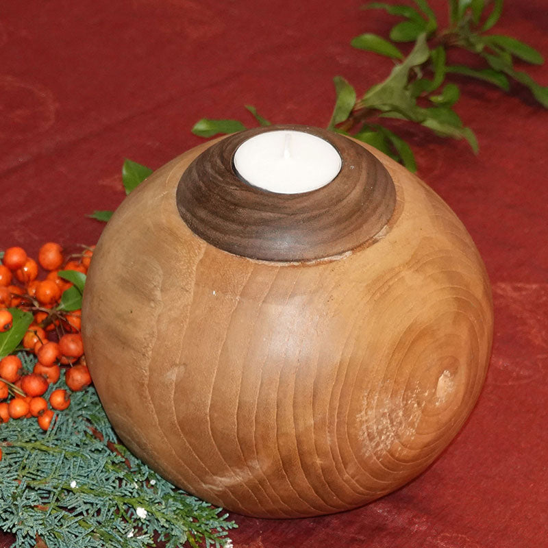 Teak wood ball with candle small - approx. 15 cm