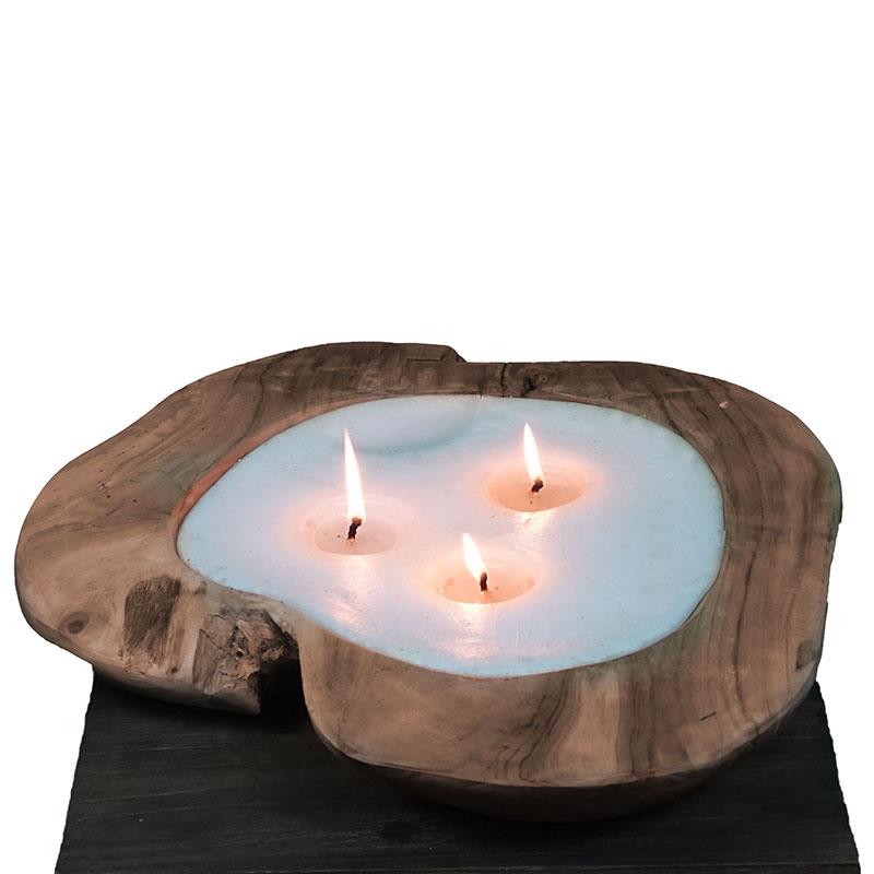 Teak bowl with candle wax large with 3 wicks - approx. 50 cm diameter