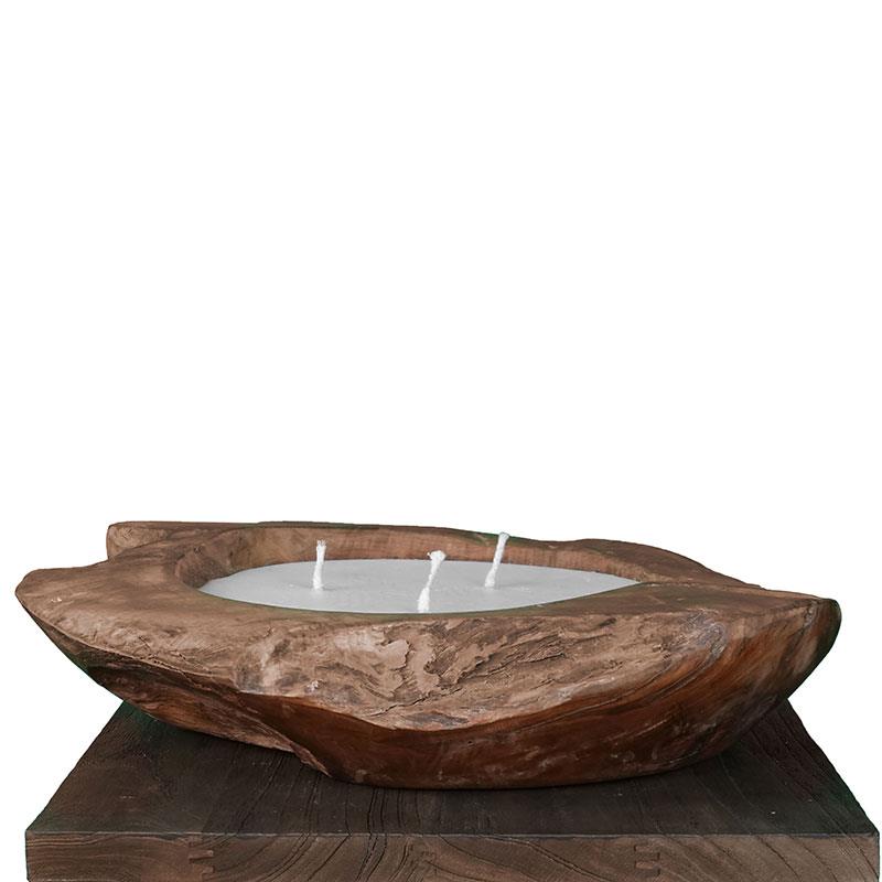 Teak bowl with candle wax large with 3 wicks - approx. 50 cm diameter