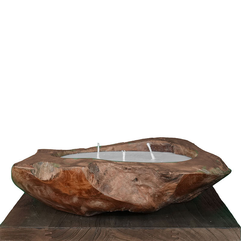 Teak bowl with candle wax large with 3 wicks - approx. 50 cm diameter