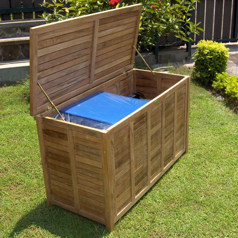 Garden chest with flat lid large 123 cm teak with brass fittings