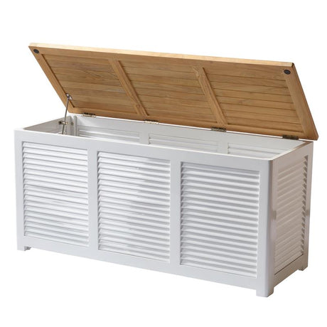 Coffre de jardin coffre de rangement Cinas 130x50x60cm - teck certifié + bois d'acajou peint en blanc