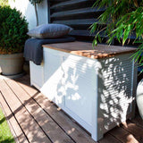 Coffre de jardin coffre de rangement Cinas 130x50x60cm - teck certifié + bois d'acajou peint en blanc