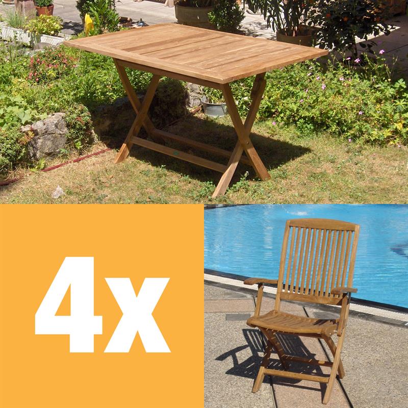 Comforteck folding set 130 consisting of Comforteck folding table rectangular 130 x 85 and Comforteck folding chairs with armrests made of teak with stainless steel fittings