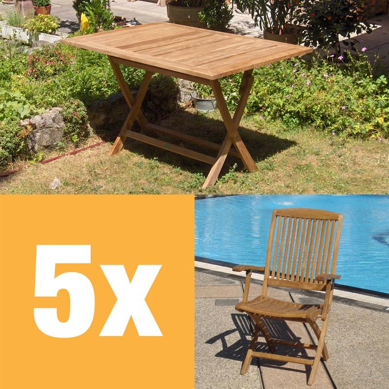 Comforteck folding set 130 consisting of Comforteck folding table rectangular 130 x 85 and Comforteck folding chairs with armrests made of teak with stainless steel fittings