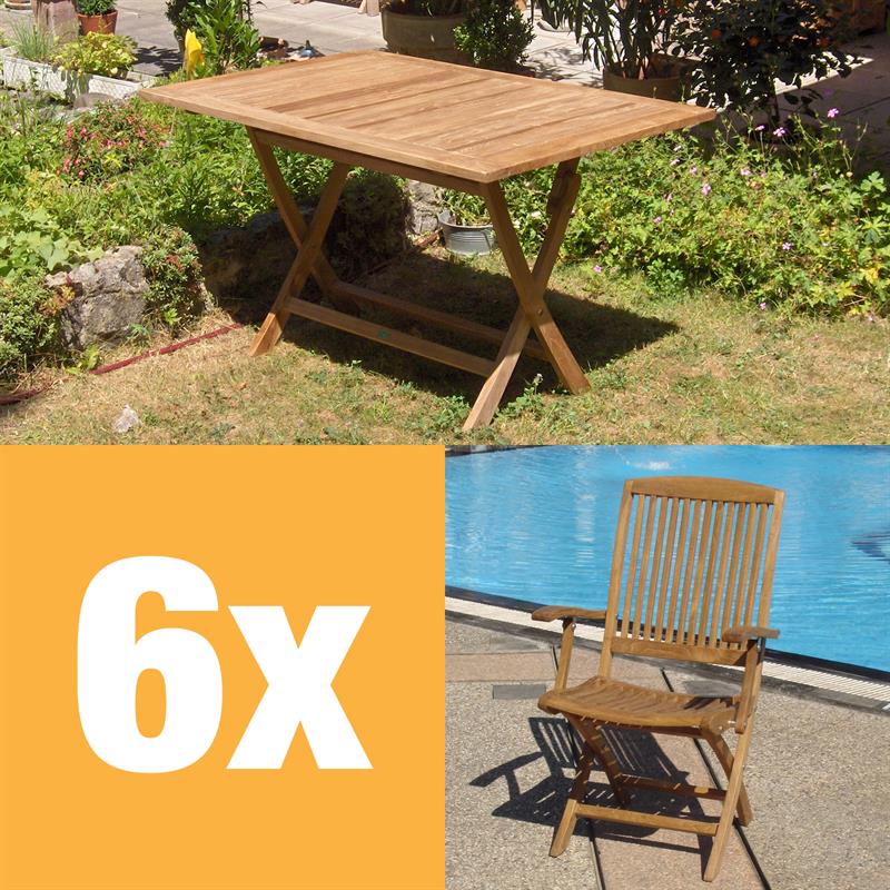 Comforteck folding set 130 consisting of Comforteck folding table rectangular 130 x 85 and Comforteck folding chairs with armrests made of teak with stainless steel fittings