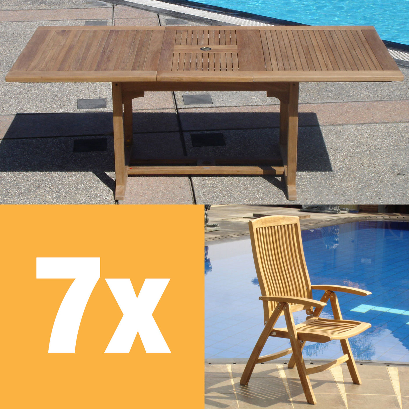 Comforteck Set 205 consisting of Comforteck extendable table 205/155 x 95 and Comforteck high back chair Teak Grade A with stainless steel fittings