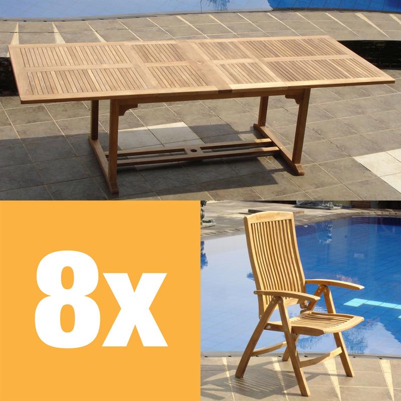 Comforteck Set 260 consisting of Comforteck double extension table 260/220/180x105 and Comforteck high back chair Teak Grade A with stainless steel fittings