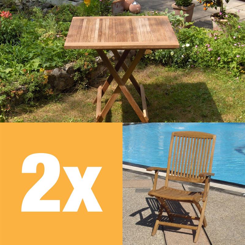 Comforteck Folding Set 85 consisting of Comforteck folding table top 85x85 square halved with picnic mechanism and Comforteck folding chairs with armrests teak with stainless steel fittings