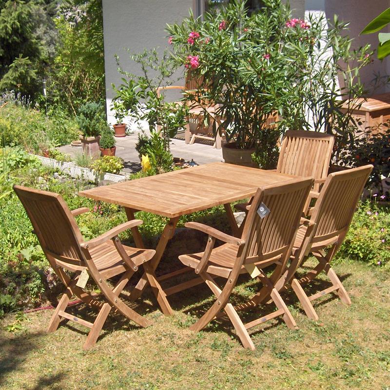 Comforteck folding set 130 consisting of Comforteck folding table rectangular 130 x 85 and Comforteck folding chairs with armrests made of teak with stainless steel fittings