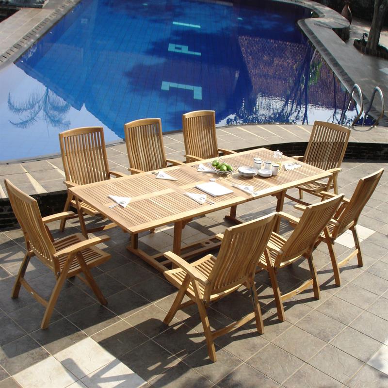 Comforteck Set 260 consisting of Comforteck double extension table 260/220/180x105 and Comforteck high back chair Teak Grade A with stainless steel fittings