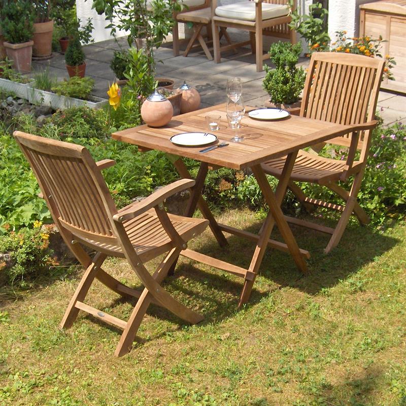 Comforteck Folding Set 85 consisting of Comforteck folding table top 85x85 square halved with picnic mechanism and Comforteck folding chairs with armrests teak with stainless steel fittings