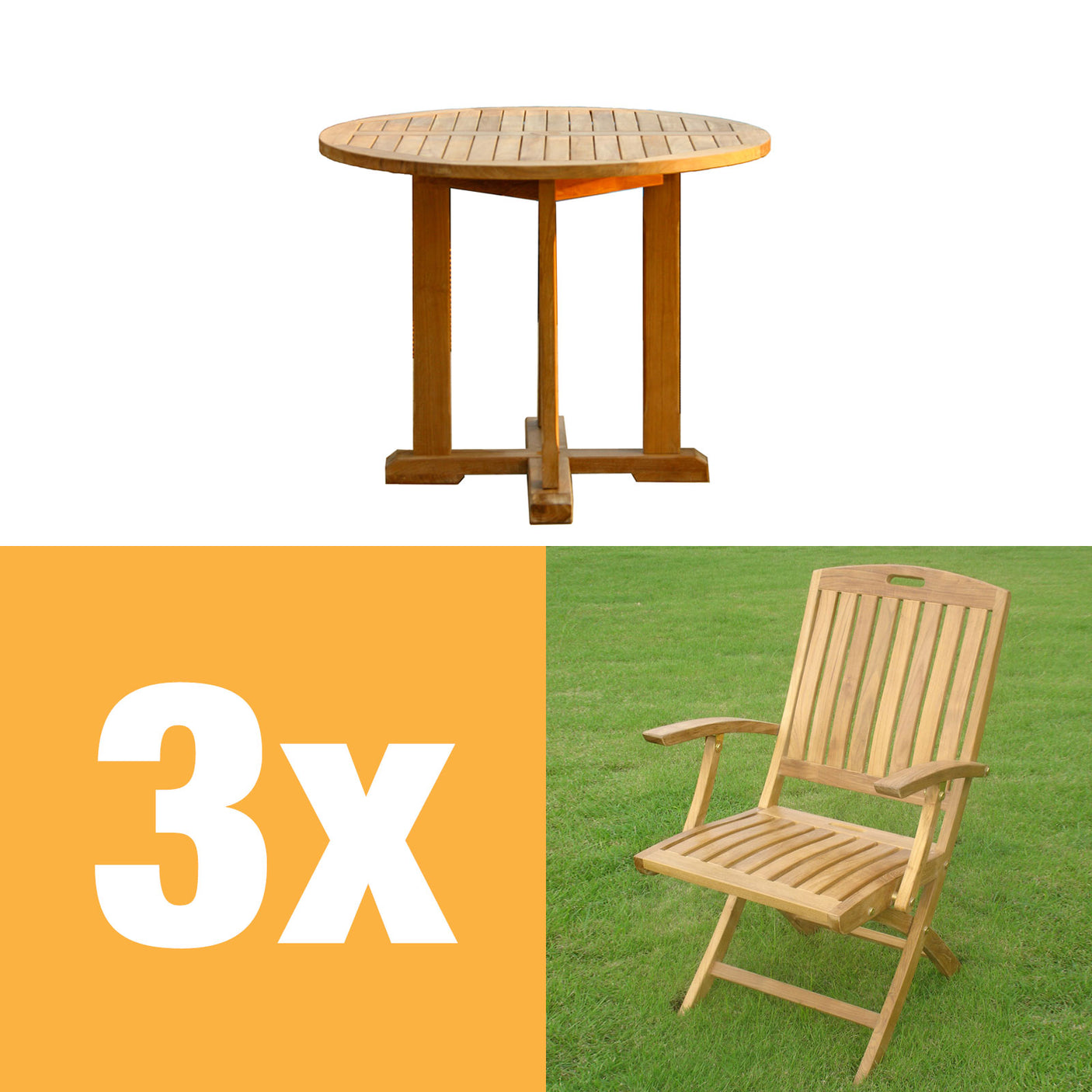 Denver Set 80 consisting of Denver Round Table 80 and 4 Denver Folding Chairs with Armrests Teak with Brass Fittings