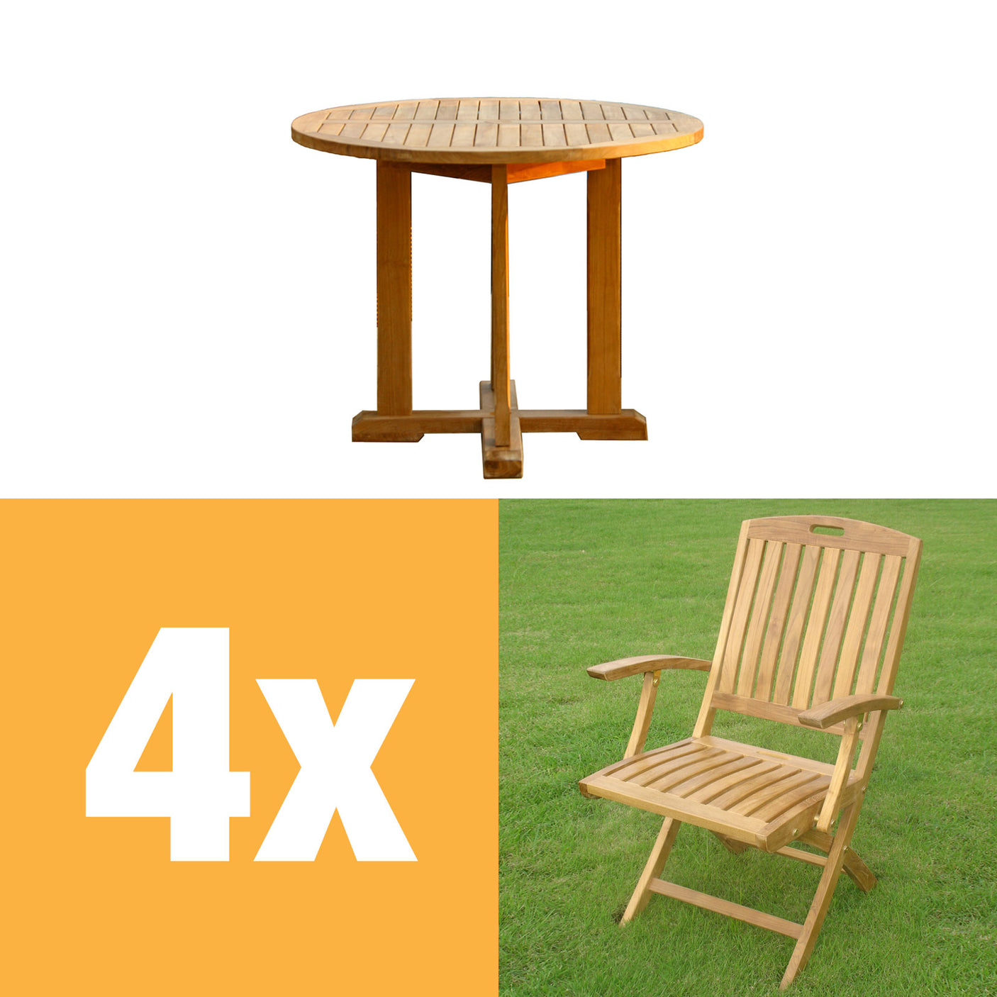 Denver Set 80 consisting of Denver Round Table 80 and 4 Denver Folding Chairs with Armrests Teak with Brass Fittings