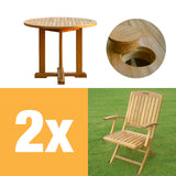 Denver Set 80 consisting of Denver Round Table 80 and 4 Denver Folding Chairs with Armrests Teak with Brass Fittings