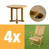 Denver Set 80 consisting of Denver Round Table 80 and 4 Denver Folding Chairs with Armrests Teak with Brass Fittings