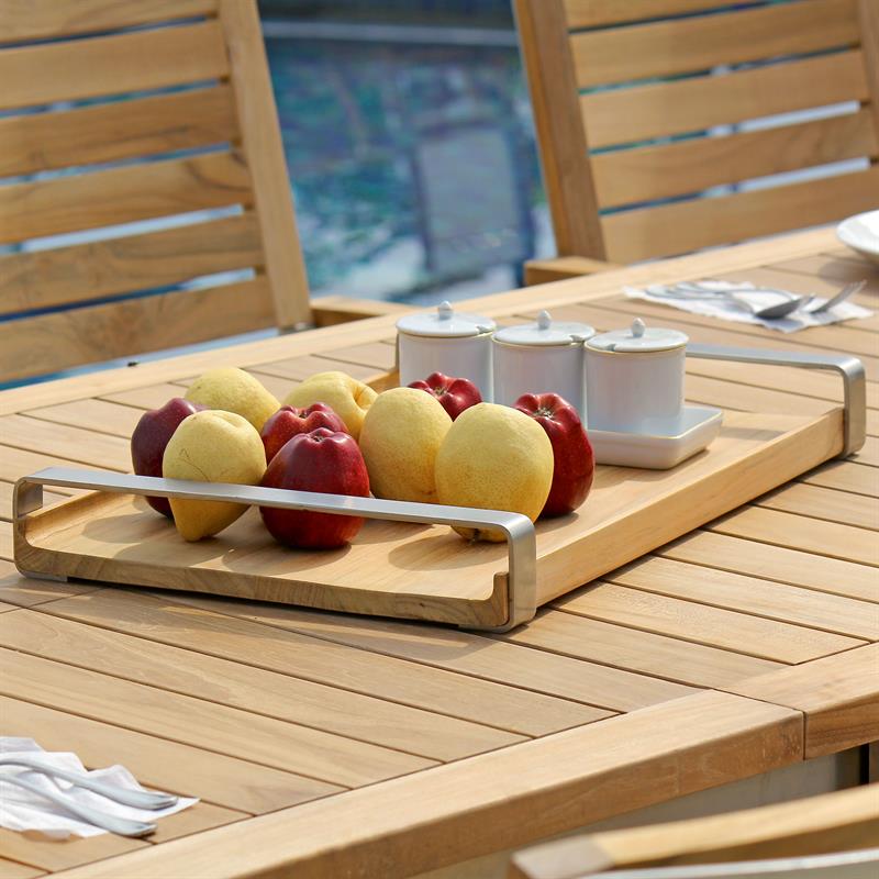 Tray with teak base and stainless steel handles