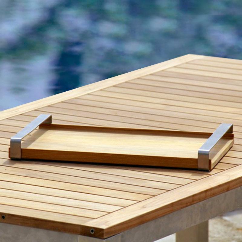 Tray with teak base and stainless steel handles