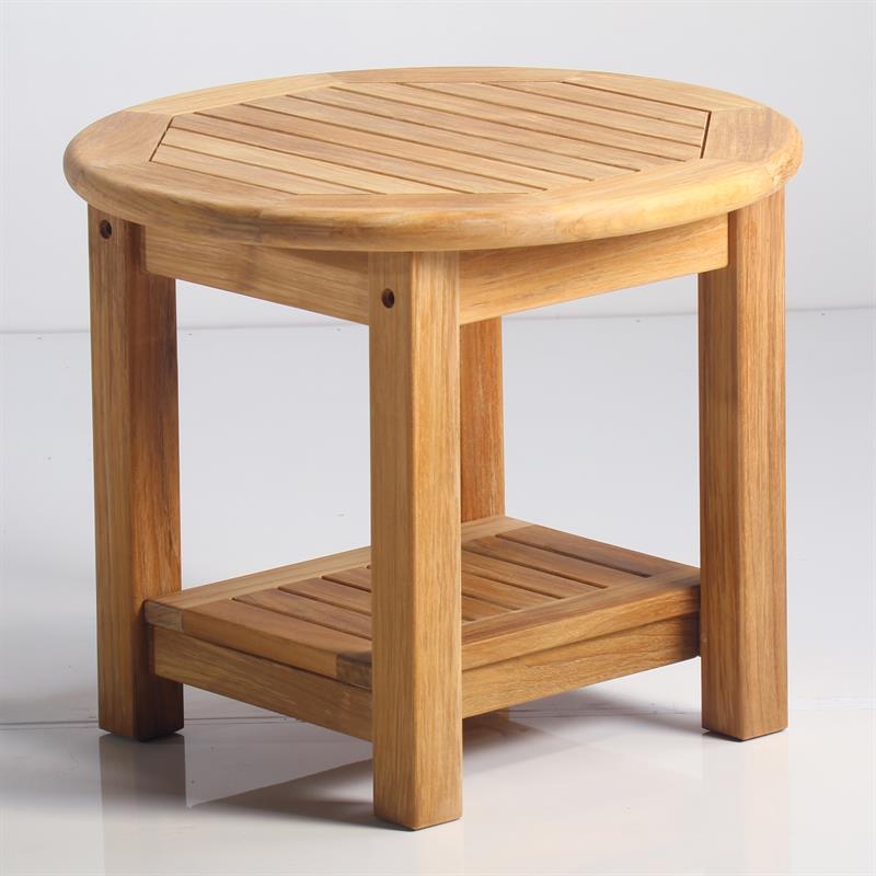 Table d'appoint Briston ronde 54cm avec étagère en teck certifié grade A avec pieds de table 6x6 cm