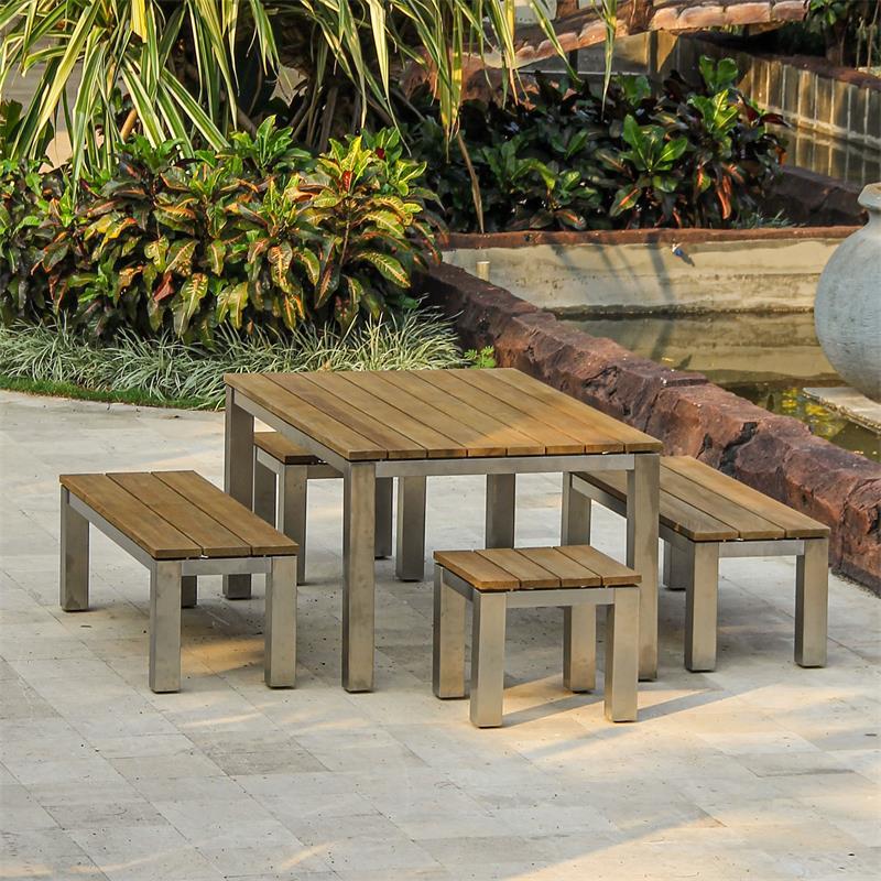 Ensemble banc Zilart teck naturel 160/2/2 composé d'une table à manger Zilart 160 x 100 avec 2 bancs de jardin sans dossier 140x45 et 2 tables d'appoint/tabourets 50 x 50