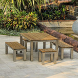 Zilart Bank Set Teak Natur 160/2/2 bestehend aus Zilart Esstisch 160 x 100 mit 2 Gartenbänke ohne Rückenlehne 140x45 und 2 Beistelltischen/Hockern 50 x 50