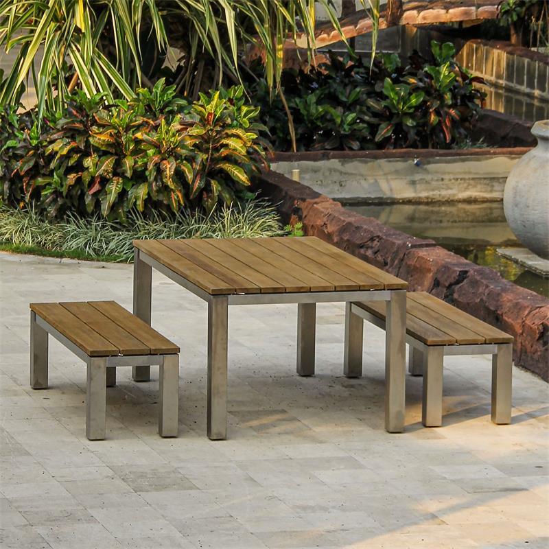 Zilart Bank Set Teak Natur 160/2 bestehend aus Esstisch 160 x 100 und 2 Gartenbänke ohne Rückenlehne 140x45