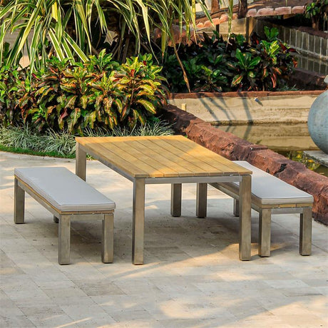 Zilart Bank Set Teak Natur 210/2 bestehend aus Esstisch 210 x 100 und 2 Gartenbänke ohne Rückenlehne 190x45