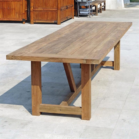 Table à manger vigneronne 300x100x75 cm en teck recyclé - pieds : 9x9cm, structure : 8x5cm, plateau : 5cm