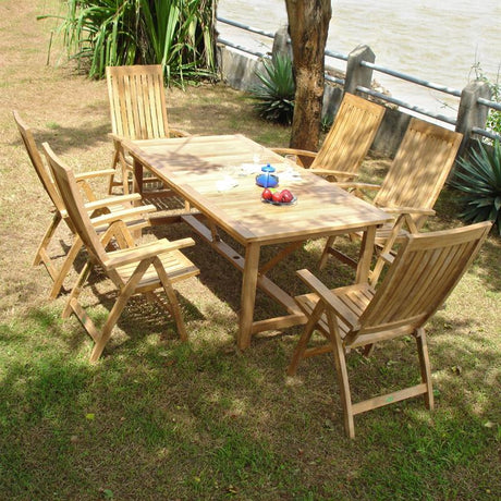 Elegance Recliner Set 280 consisting of Elegance double extension table 280/235/190x100 and Elegance high back chairs teak with brass fittings