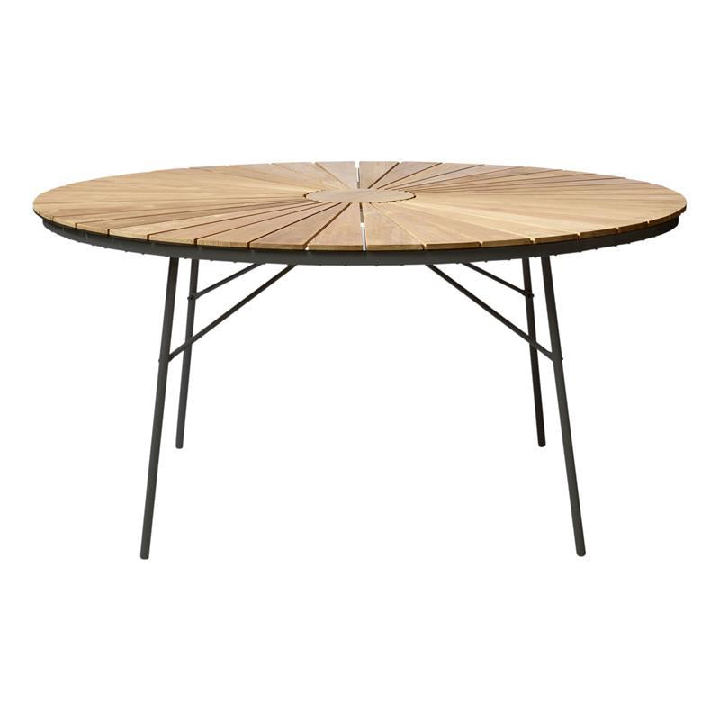 Table Ellen 150cm ronde en aluminium anthracite thermolaqué avec plateau en teck