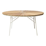 Table Ellen 150cm ronde en aluminium thermolaqué blanc avec plateau en teck