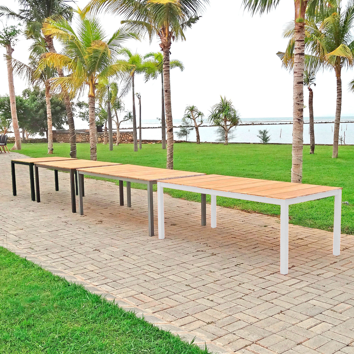 Fides Color Bank Set 150/2 Teak Grade A with aluminum frame consists of 1 table with 2 garden benches