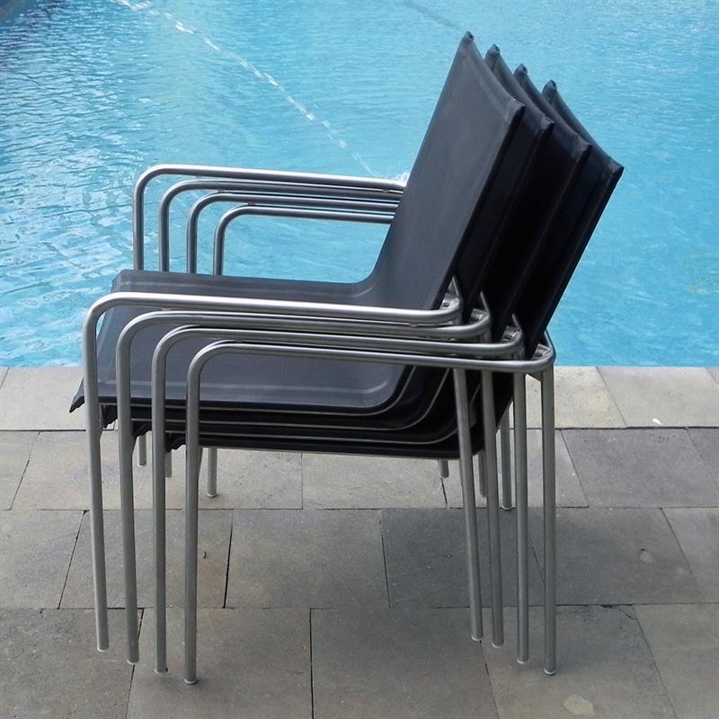 Fides stacking chair set 250 consisting of Fides extendable table 250/175 x 100 and Fides stacking chairs stainless steel with Batyline covering