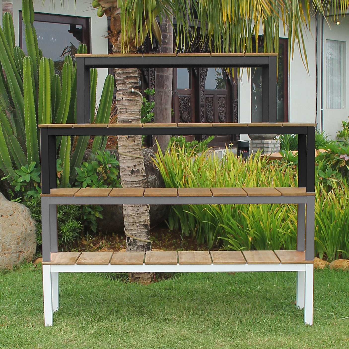 Fides Color Bank Set 150/2 Teak Grade A with aluminum frame consists of 1 table with 2 garden benches