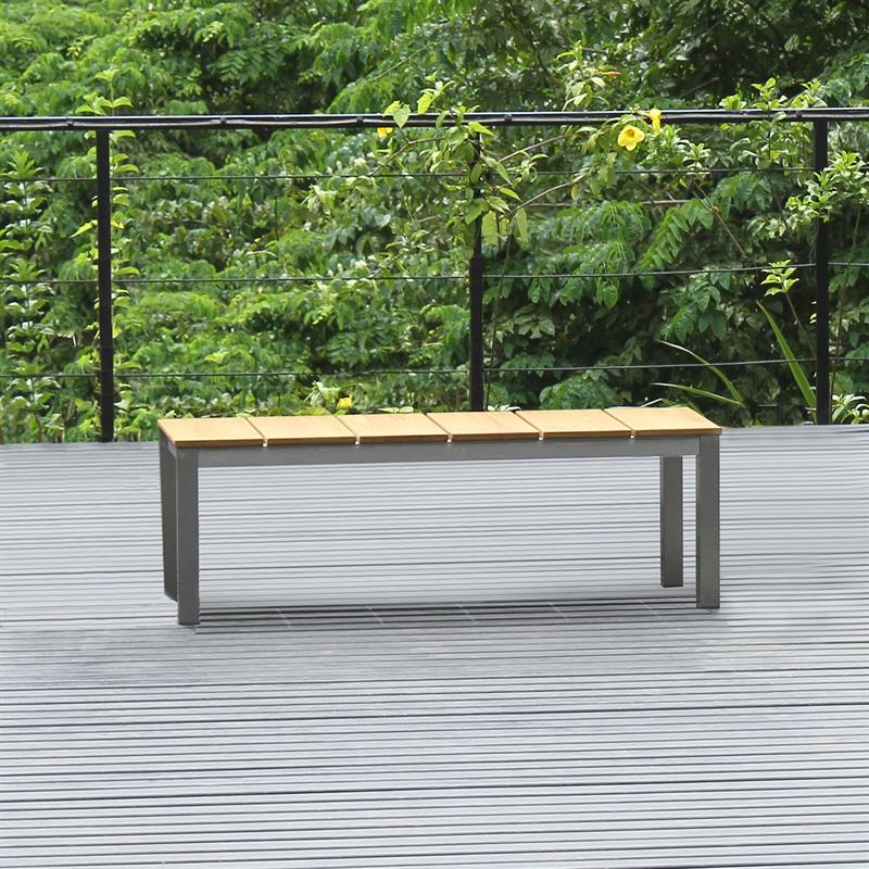 Fides bench set 150/2/2 consisting of Fides dining table 150 x 100 and 2 Fides garden benches without backrest 130 x 45 with 2 Fides stools/side tables 45 x 45 teak with stainless steel frame