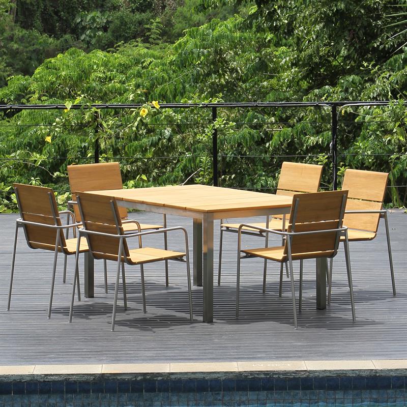 Fides stacking chair set 150 consisting of Fides dining table 150 x 100 and Fides stacking chairs teak with stainless steel