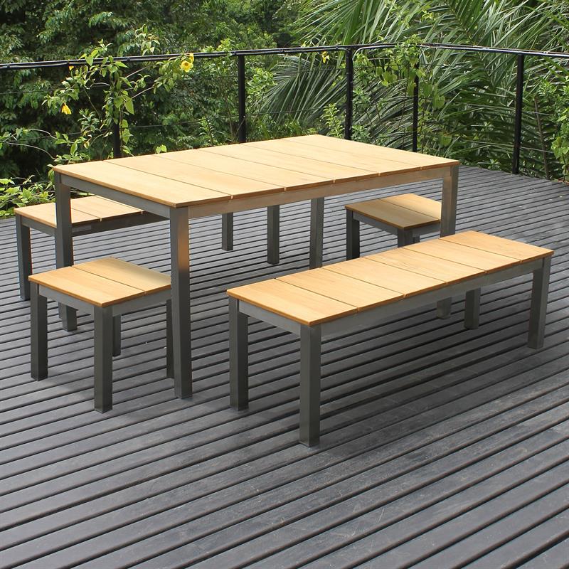 Ensemble de bancs Fides 150/2/2 composé d'une table à manger Fides 150 x 100 et de 2 bancs de jardin Fides sans dossier 130 x 45 avec 2 tabourets/tables d'appoint Fides 45 x 45 en teck avec structure en acier inoxydable