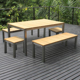 Fides bench set 150/2/2 consisting of Fides dining table 150 x 100 and 2 Fides garden benches without backrest 130 x 45 with 2 Fides stools/side tables 45 x 45 teak with stainless steel frame