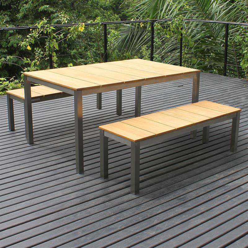 Fides Bank Set 150/2 consisting of Fides dining table 150 x 100 teak with stainless steel frame and 2 Fides garden benches without backrest 130 x 45cm teak with stainless steel