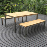 Ensemble de bancs Fides 150/2 composé d'une table à manger Fides 150 x 100 teck avec structure en acier inoxydable et de 2 bancs de jardin Fides sans dossier 130 x 45 cm en teck avec acier inoxydable