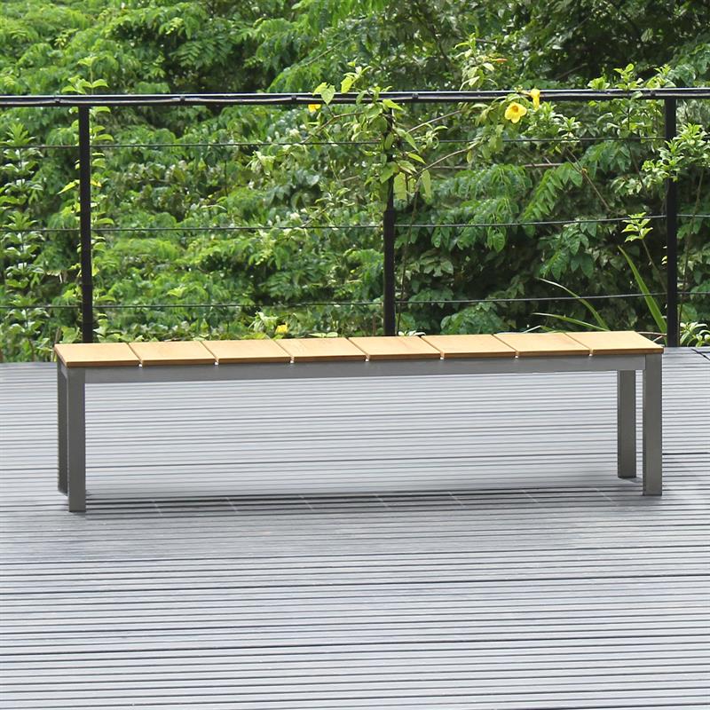 Banc de jardin Fides sans dossier 180 x 45 cm teck vintage et acier inoxydable