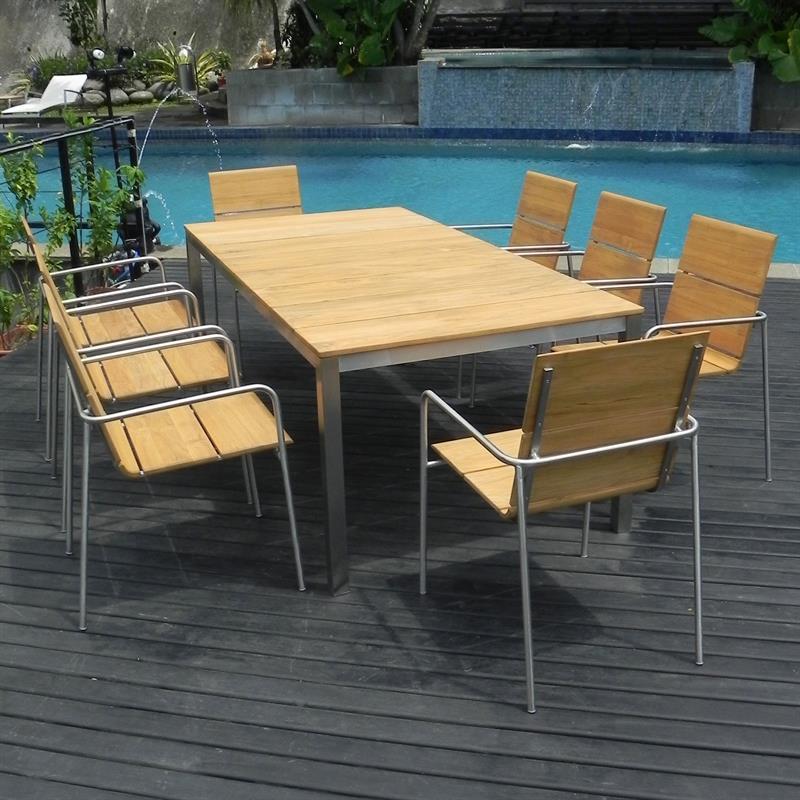 Fides stacking chair set 200 consisting of Fides dining table 200 x 100 and Fides stacking chairs teak with stainless steel frame