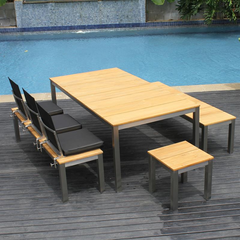 Ensemble de bancs Fides 200/2/2 en teck grade A avec structure en acier inoxydable composé d'une table à manger Fides 200 x 100 et de 2 bancs de jardin Fides sans dossier 180 x 45 avec 2 tabourets/tables d'appoint Fides 45 x 45