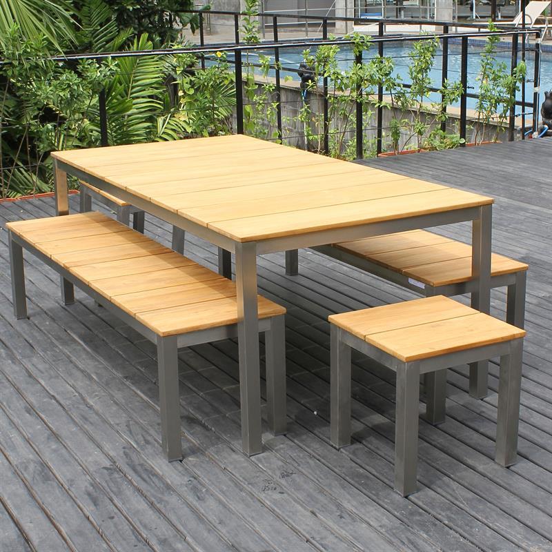 Fides bench set 200/2/2 Teak Grade A with stainless steel frame consisting of Fides dining table 200 x 100 and 2 Fides garden benches without backrest 180 x 45 with 2 Fides stools/side tables 45 x 45