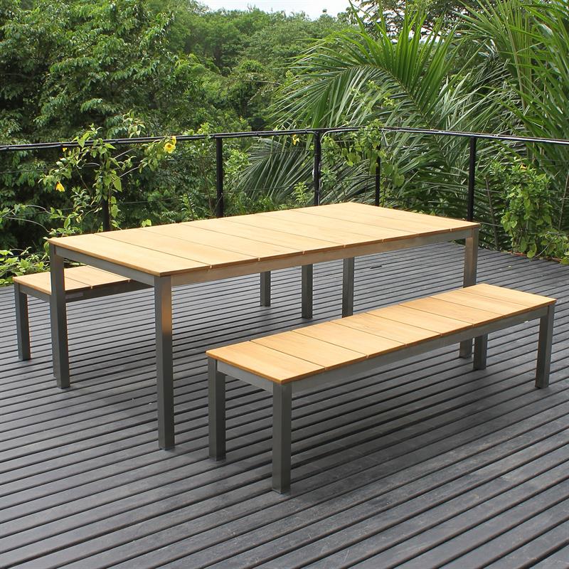 Fides Bank Set 200/2 Teak Grade A with stainless steel consisting of Fides dining table 200 x 100 and 2x Fides benches 180 without backrest