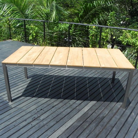 Ensemble de bancs Fides 200/2 en teck grade A avec acier inoxydable composé d'une table à manger Fides 200 x 100 et de 2x bancs Fides 180 sans dossier