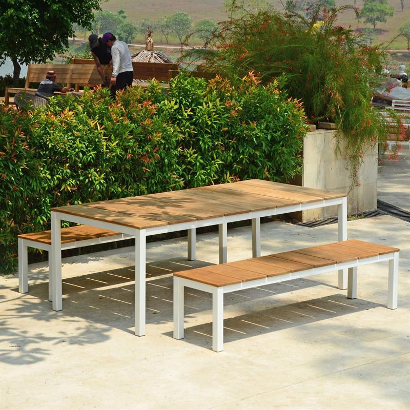 Fides Color Bank Set 200/2 Teak Grade A mit Aluminiumgestell bestehend aus 1 Tisch 200 x 100 mit 2 Gartenbänken 180 x 45