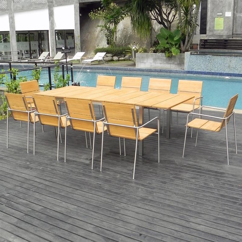 Fides stacking chair set 250 consisting of Fides extendable table 250/175 x 100 and Fides stacking chairs Teak Grade A with stainless steel